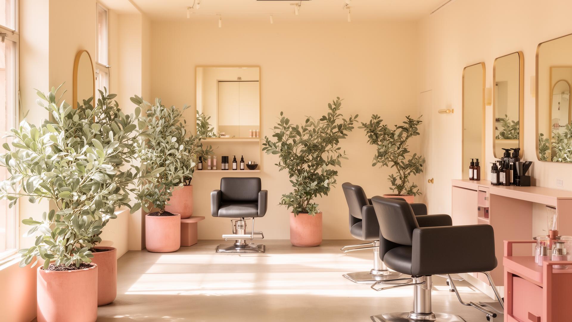 Inside Willow & Sage Salon — modern boutique salon interior with sage plants and blush accents